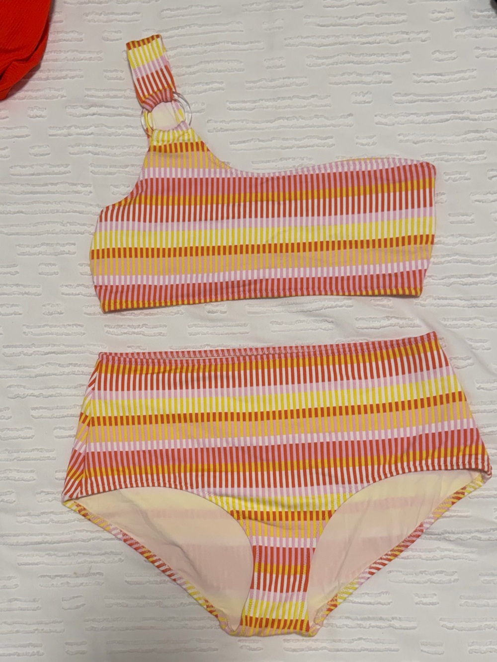 SOLID & STRIPED One-Shoulder Stripe Bikini in Yellow, Pink & Orange